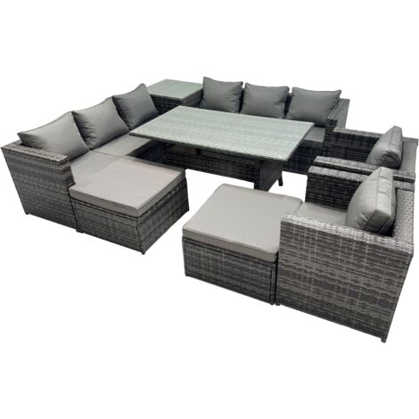 Fimous Outdoor Corner Sofa Chair Dining Table Set Garden Rattan Furniture Set 10 Seater with Side Table 2 Big Stools Dark Grey