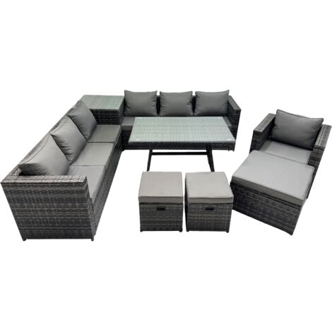 Fimous Outdoor Corner Sofa Chair Dining Table Set Garden Rattan Furniture Set 10 Seater with Side Table 3 Stools Dark Grey