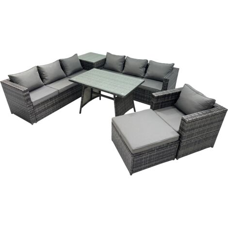 Fimous Outdoor Corner Sofa Chair Dining Table Set Garden Rattan Furniture Set 8 Seater with Side Table Big Stool Dark Grey