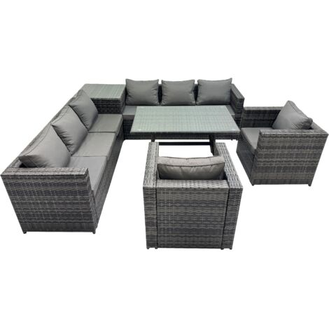 Fimous Outdoor Corner Sofa Chair Dining Table Set Garden Rattan Furniture Set 8 Seater with Side Table Dark Grey