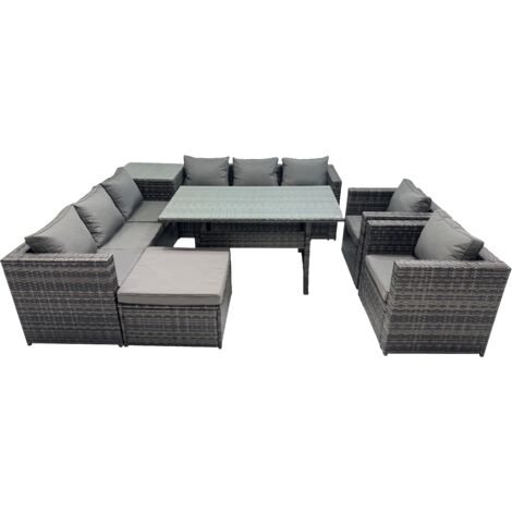 Fimous Outdoor Corner Sofa Chair Dining Table Set Garden Rattan Furniture Set 9 Seater with Side Table Big Stool Dark Grey