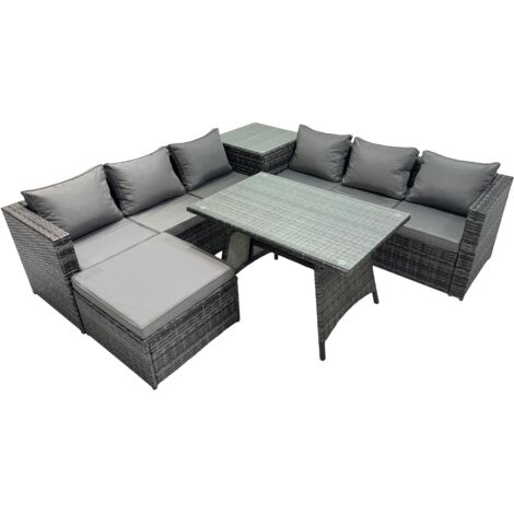 Fimous Outdoor Corner Sofa Dining Table Set Garden Rattan Furniture Set 7 Seater with Side Table Big Stool Dark Grey