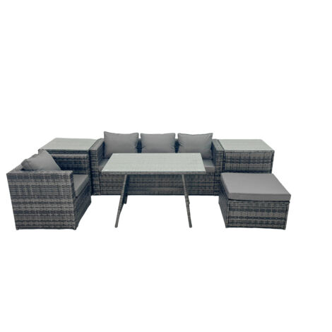 Fimous Outdoor Dining Table Sofa Armchair Set with 2 Side Tables Big Footstool Garden Furniture Set Dark Grey Mixed