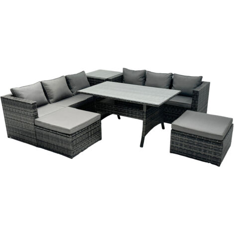 Fimous Outdoor Dining Table Sofa Set with Side Table Big Footstool Garden Furniture Set Dark Grey Mixed