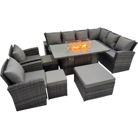 Fimous Outdoor Furniture Garden Dining Set Rattan Corner Sofa Chair Set Gas Fire Pit Table with Temper Glass 3 Footstools Dark Grey Mixed