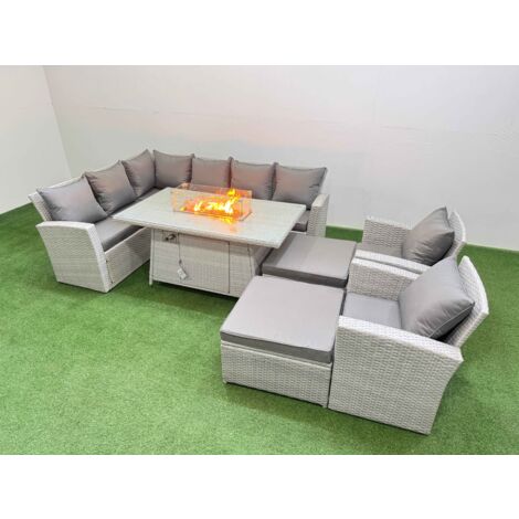 Fimous Outdoor Furniture Garden Dining Set Rattan Corner Sofa Chair Sets Gas Fire Pit Table with Temper Glass Footstools 10 Seater Light Grey Mixed