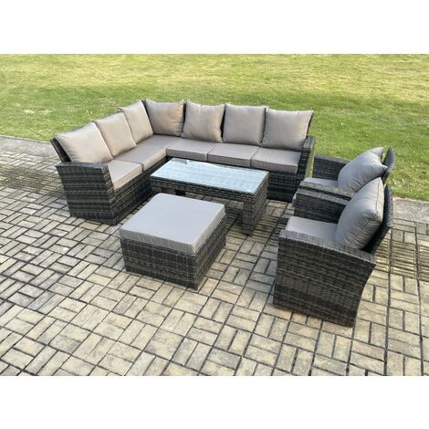 Fimous Outdoor Furniture Garden Dining Set Rattan Corner Sofa Set with 2 Armchairs Big Footstool Dark Grey Mixed