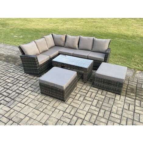 Fimous Outdoor Furniture Garden Dining Set Rattan Corner Sofa Set with 2 Big Footstool Dark Grey Mixed