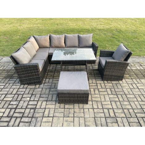Fimous Outdoor Furniture Garden Dining Set Rattan Corner Sofa Set with Rectangular Dining Table Armchair Big Footstool Dark Grey Mixed