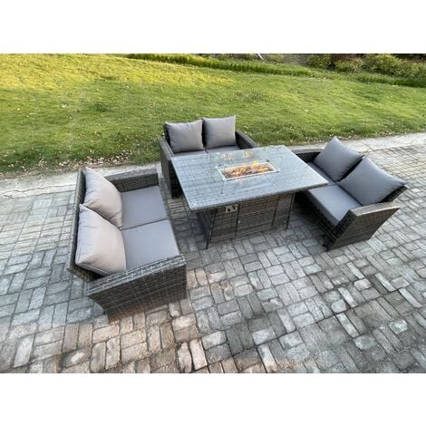 Fimous Outdoor Garden Dining Sets 6 Seater Rattan Patio Furniture Sofa Set with Gas Firepit Table Double Seat Sofa Dark Grey Mixed