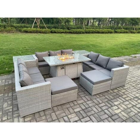 Fimous Outdoor Garden Dining Sets Rattan Furniture Gas Fire Pit Dining Table Gas Heater with 2 Side Tables 2 Big Footstools Light Grey