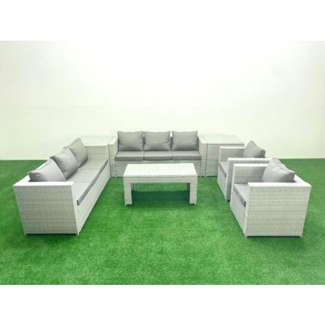 Fimous Outdoor Garden Furniture Rattan Sofa Set with 2 Armchairs Oblong Coffee Table 2 Side Tables Light Grey Mixed