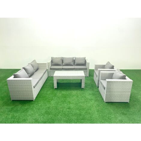 Fimous Outdoor Garden Furniture Rattan Sofa Set with 2 Armchairs Oblong Coffee Table Light Grey Mixed