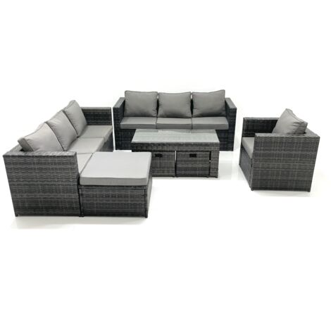Fimous Outdoor Garden Furniture Set 10 Seater Rattan Sofa Set with Coffee Table 3 Big Footstools Armchair Dark Grey Mixed