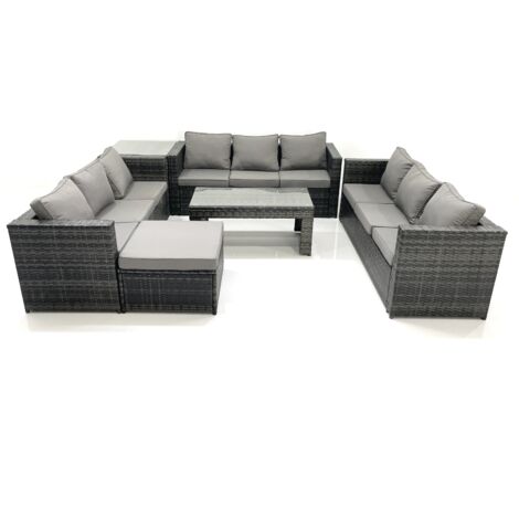 Fimous Outdoor Garden Furniture Set 10 Seater Rattan Sofa Set with Coffee Table Big Footstool Side Table Dark Grey Mixed