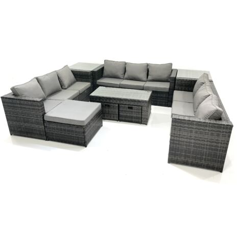 Fimous Outdoor Garden Furniture Set 9 Pieces Rattan Sofa Set with Coffee Table 3 Footstools Side Table Dark Grey Mixed