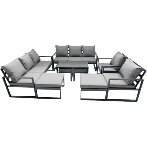 Fimous Outdoor Garden Furniture Set Aluminium Lounge 3 Seat Sofa Oblong Coffee Table Sets with 2 Chairs 4 Stools Dark Grey