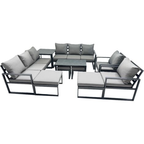 Fimous Outdoor Garden Furniture Set Aluminium Lounge 3 Seat Sofa Oblong Coffee Table Sets with 2 Chairs 4 Stools Side Table Dark Grey