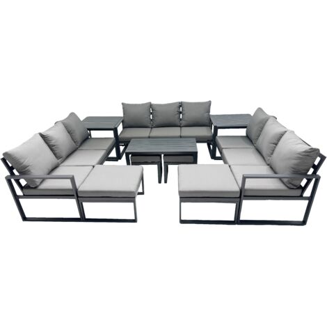 Fimous Outdoor Garden Furniture Set Aluminium Lounge 3 Seat Sofa Oblong Coffee Table Sets with 4 Stools 2 Side Tables Dark Grey