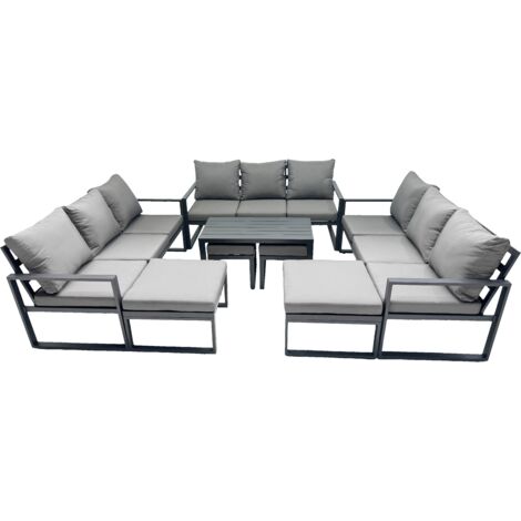 Fimous Outdoor Garden Furniture Set Aluminium Lounge 3 Seat Sofa Oblong Coffee Table Sets with 4 Stools Dark Grey
