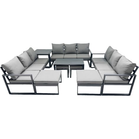 Fimous Outdoor Garden Furniture Set Aluminium Lounge 3 Seat Sofa Oblong Coffee Table Sets with 4 Stools Side Table Dark Grey