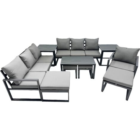 Fimous Outdoor Garden Furniture Set Aluminium Lounge 3 Seat Sofa Oblong Coffee Table Sets with Chair 4 Stools 2 Side Tables Dark Grey