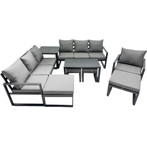 Fimous Outdoor Garden Furniture Set Aluminium Lounge 3 Seat Sofa Oblong Coffee Table Sets with Chair 4 Stools Side Table Dark Grey