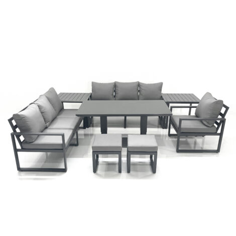 Fimous Outdoor Garden Furniture Set Aluminium Lounge Sofa Adjustable Rising Lifting Dining Table Sets with 2 Small Footstools 2 Side Tables Dark Grey