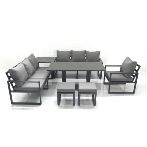 Fimous Outdoor Garden Furniture Set Aluminium Lounge Sofa Adjustable Rising Lifting Dining Table Sets with 2 Small Footstools Side Table Dark Grey