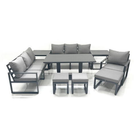 Fimous Outdoor Garden Furniture Set Aluminium Lounge Sofa Adjustable Rising Lifting Dining Table Sets with 3 Footstools 2 Side Tables Dark Grey