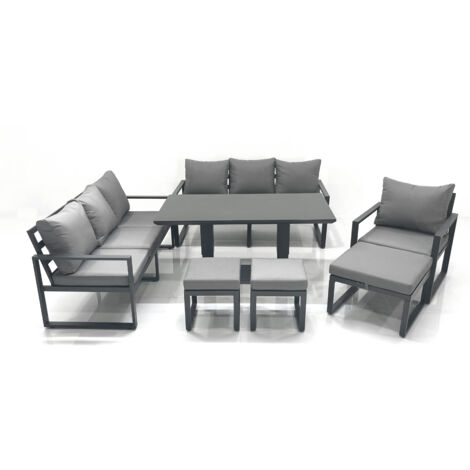 Fimous Outdoor Garden Furniture Set Aluminium Lounge Sofa Adjustable Rising Lifting Dining Table Sets with 3 Footstools Dark Grey