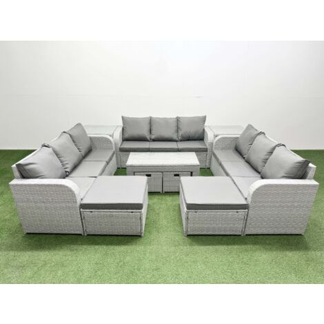 Fimous Outdoor Garden Furniture Set PE Rattan 3 Seater Sofa Set with Oblong Coffee Table 4 Footstools 2 Side Tables Light Grey