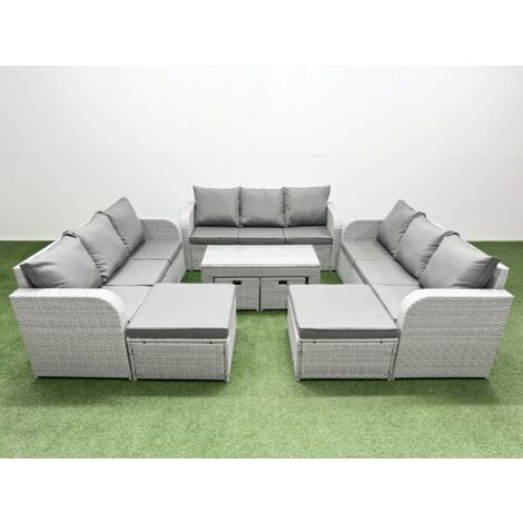 Fimous Outdoor Garden Furniture Set PE Rattan 3 Seater Sofa Set with Oblong Coffee Table 4 Footstools Light Grey