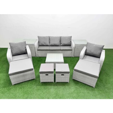 Fimous Outdoor Garden Furniture Set PE Rattan Lounge Sofa Set with Coffee Table 3 Seater Sofa 4 Footstools 2 Side Tables Light Grey