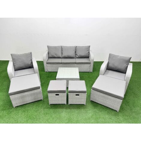 Fimous Outdoor Garden Furniture Set PE Rattan Lounge Sofa Set with Coffee Table 3 Seater Sofa 4 Footstools Light Grey