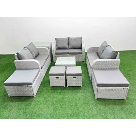 Fimous Outdoor Garden Furniture Set PE Rattan Love Sofa Set with Coffee Table 4 Footstools Side Table Light Grey