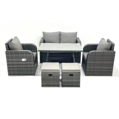 Fimous Outdoor Garden Furniture Set Rattan Sofa Dining Table Set with Reclining Chair 2 Small Footstool Dark Grey Mixed