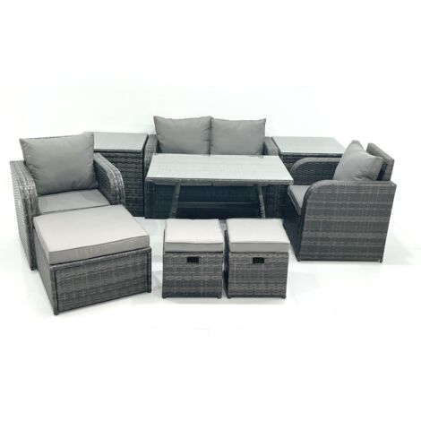 Fimous Outdoor Garden Furniture Set Rattan Sofa Dining Table Set with Reclining Chair 3 Footstool 2 Side Table Dark Grey Mixed