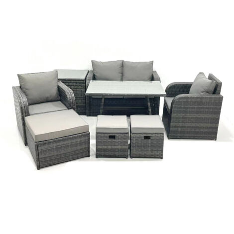 Fimous Outdoor Garden Furniture Set Rattan Sofa Dining Table Set with Reclining Chair 3 Footstool Side Table Dark Grey Mixed