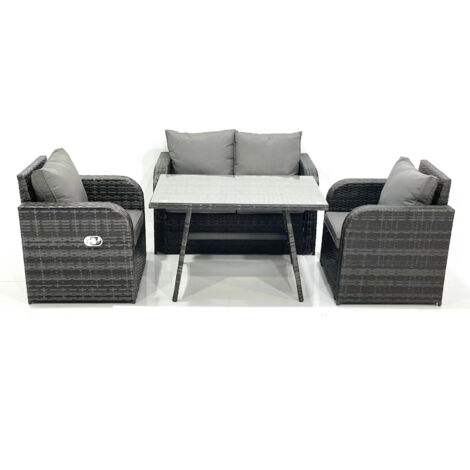 Fimous Outdoor Garden Furniture Set Rattan Sofa Dining Table Set with Reclining Chair Dark Grey Mixed