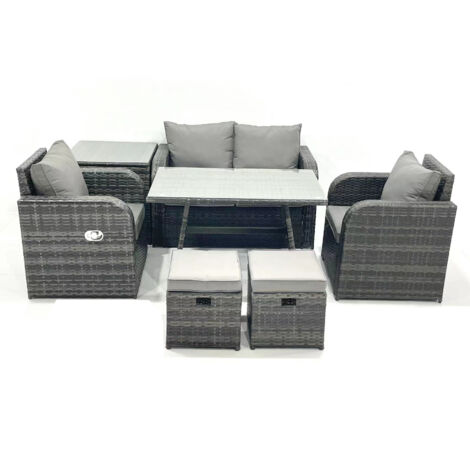 Fimous Outdoor Garden Furniture Set Rattan Sofa Dining Table Set with Reclining Chair Side Table 2 Small Footstool Dark Grey Mixed