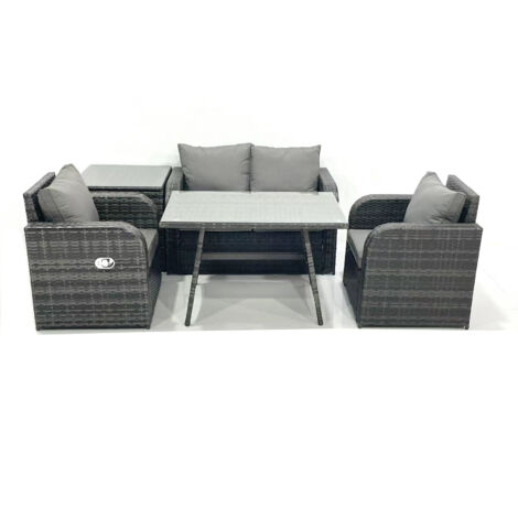 Fimous Outdoor Garden Furniture Set Rattan Sofa Dining Table Set with Reclining Chair Side Table Dark Grey Mixed