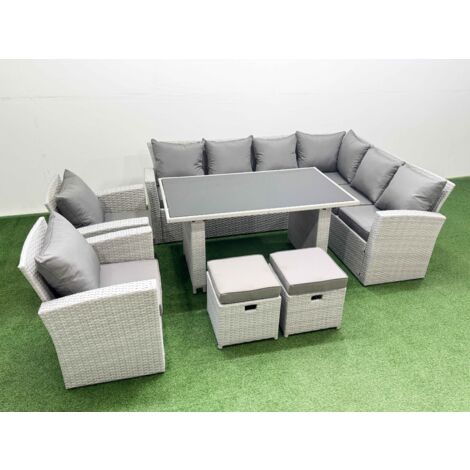 Fimous Outdoor Garden Furniture Sets 10 Seater Wicker Rattan Corner Sofa Sets with Rectangular Dining Table Lounge Sofa 2 Small Footstools Light Grey