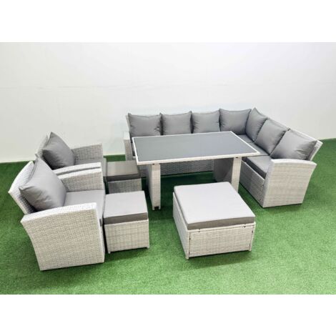 Fimous Outdoor Garden Furniture Sets 11 Seater Wicker Rattan Corner Sofa Sets with Rectangular Dining Table Lounge Sofa 3 Footstools Light Grey