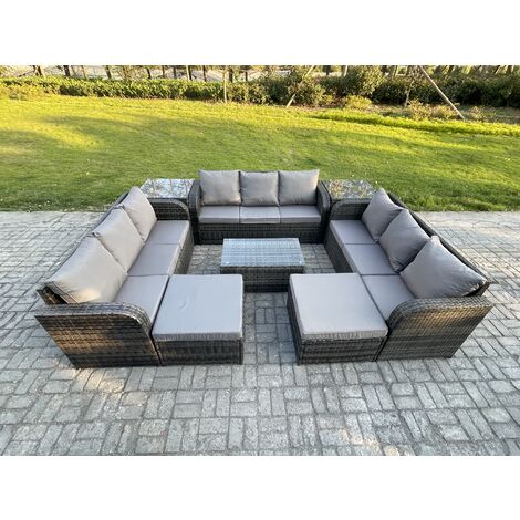 Fimous Outdoor Garden Furniture Sets 11 Seater Wicker Rattan Furniture Sofa Sets with Rectangular Coffee Table 3 Seater Sofa 2 Side Tables 2 Big Footstool Dark Grey Mixed