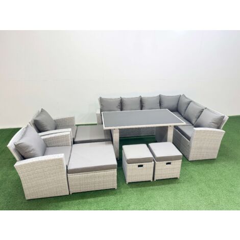 Fimous Outdoor Garden Furniture Sets 12 Seater Wicker Rattan Corner Sofa Sets with Rectangular Dining Table Lounge Sofa 4 Footstools Light Grey