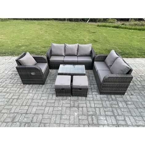 Fimous Outdoor Garden Furniture Sets 6 Pieces Wicker Rattan Furniture Sofa Sets with Rectangular Coffee Table Loveseat Sofa 2 Small Footstools