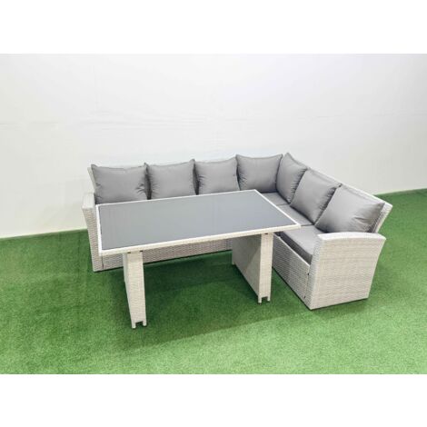 Fimous Outdoor Garden Furniture Sets 6 Seater Wicker Rattan Corner Sofa Sets with Rectangular Dining Table Lounge Sofa Light Grey