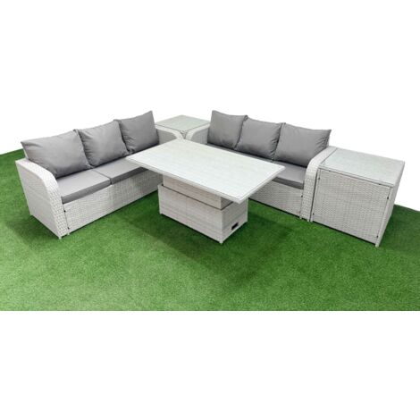 Fimous Outdoor Garden Furniture Sets 6 Seater Wicker Rattan Furniture Sofa Sets with Adjustable Lifting Dining or Coffee Table high Back Lounge Sofa 2 Side Table Light Grey