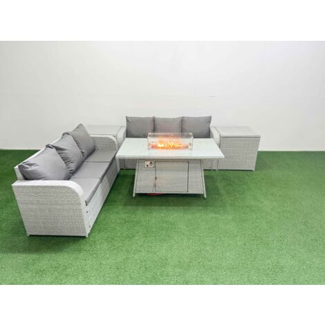 Fimous Outdoor Garden Furniture Sets 6 Seater Wicker Rattan Furniture Sofa Sets with Firepit Dining Table high Back Lounge Sofa 2 Side Table Light Grey